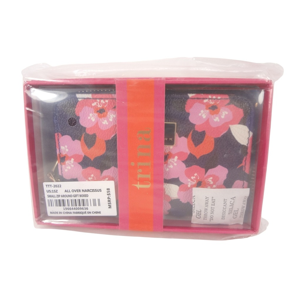 Trina Turk Zip Around Wallet Navy Pink New Floral All Over Narcissus NEW